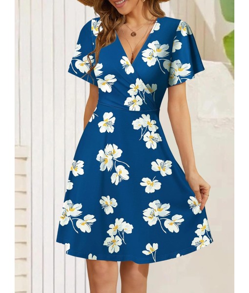 FENSACE Womens Sundress Summer Floral Short Sleeve Wrap V Neck A-Line Midi Dress