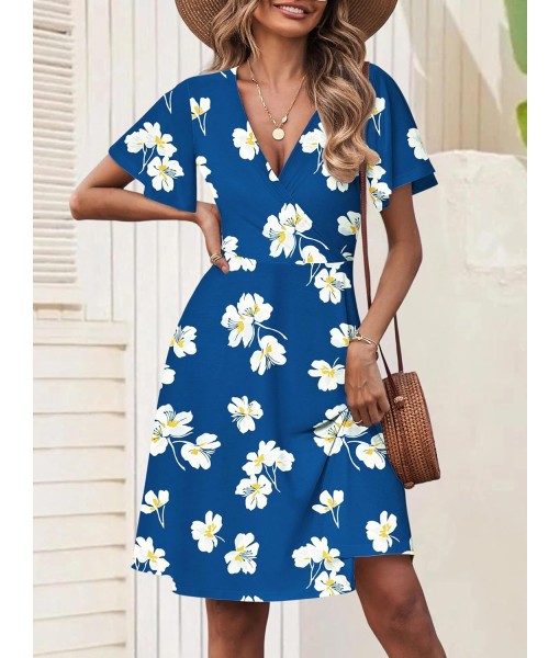 FENSACE Womens Sundress Summer Floral Short Sleeve Wrap V Neck A-Line Midi Dress