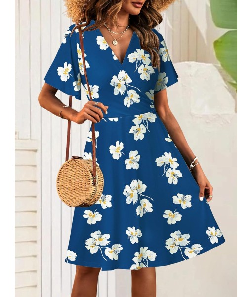 FENSACE Womens Sundress Summer Floral Short Sleeve Wrap V Neck A-Line Midi Dress