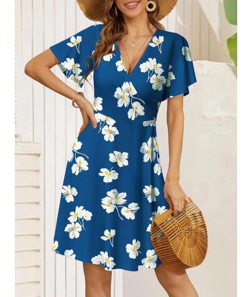 FENSACE Womens Sundress Summer Floral Short Sleeve Wrap V Neck A-Line Midi Dress