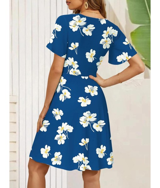 FENSACE Womens Sundress Summer Floral Short Sleeve Wrap V Neck A-Line Midi Dress