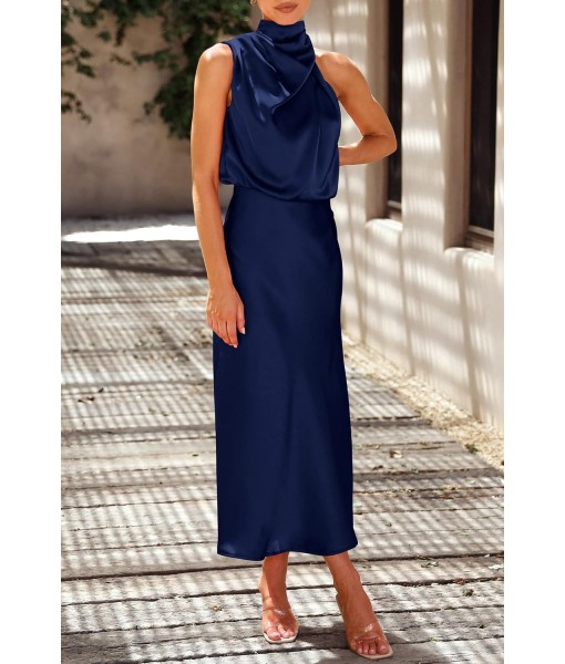 PRETTYGARDEN Women's 2025 Summer Satin Dress Elegant Sleeveless Mock Neck Cocktail Party Maxi Dresses