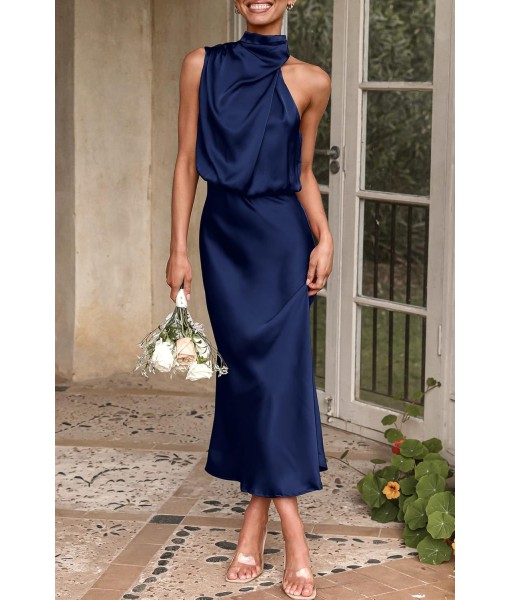 PRETTYGARDEN Women's 2025 Summer Satin Dress Elegant Sleeveless Mock Neck Cocktail Party Maxi Dresses