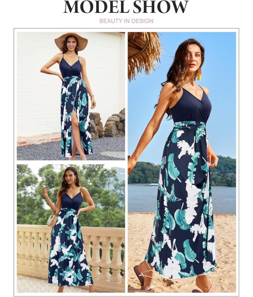 Newshows Women Summer 2025 Maxi Dress Vacation Floral Spaghetti Strap Spring Casual Boho Split Beach Long Flowy Sundress