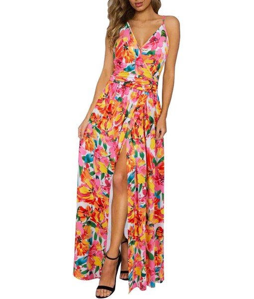 Newshows Women Summer 2025 Maxi Dress Vacation Floral Spaghetti Strap Spring Casual Boho Split Beach Long Flowy Sundress