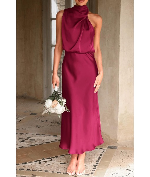 PRETTYGARDEN Women's 2025 Summer Satin Dress Elegant Sleeveless Mock Neck Cocktail Party Maxi Dresses