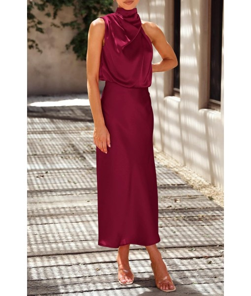 PRETTYGARDEN Women's 2025 Summer Satin Dress Elegant Sleeveless Mock Neck Cocktail Party Maxi Dresses
