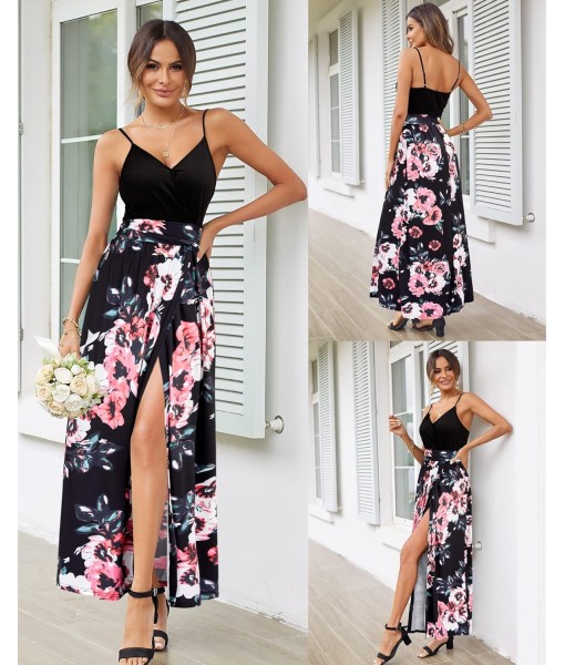 Newshows Women Summer 2025 Maxi Dress Vacation Floral Spaghetti Strap Spring Casual Boho Split Beach Long Flowy Sundress