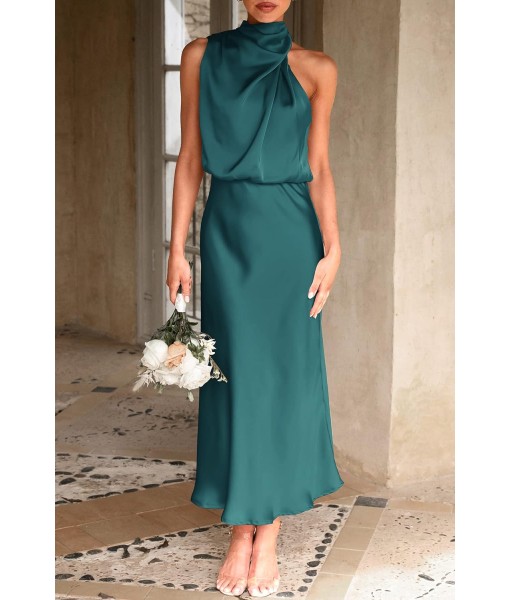 PRETTYGARDEN Women's 2025 Summer Satin Dress Elegant Sleeveless Mock Neck Cocktail Party Maxi Dresses