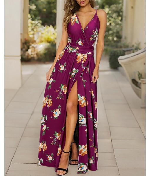 Newshows Women Summer 2025 Maxi Dress Vacation Floral Spaghetti Strap Spring Casual Boho Split Beach Long Flowy Sundress