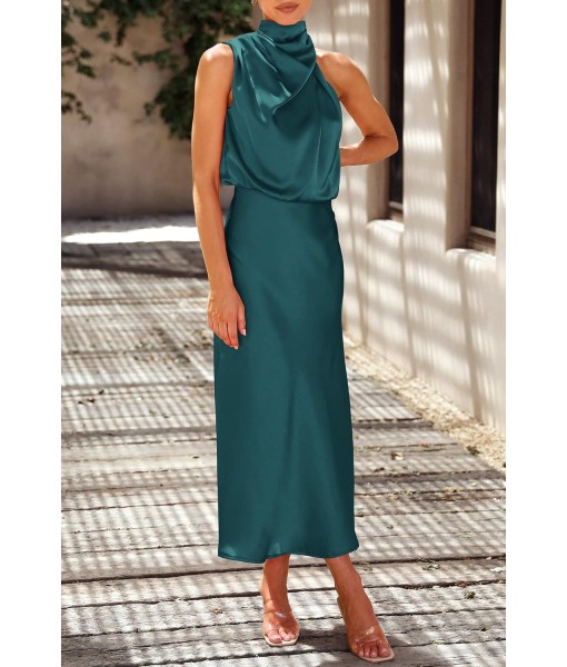PRETTYGARDEN Women's 2025 Summer Satin Dress Elegant Sleeveless Mock Neck Cocktail Party Maxi Dresses