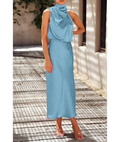 PRETTYGARDEN Women's 2025 Summer Satin Dress Elegant Sleeveless Mock Neck Cocktail Party Maxi Dresses