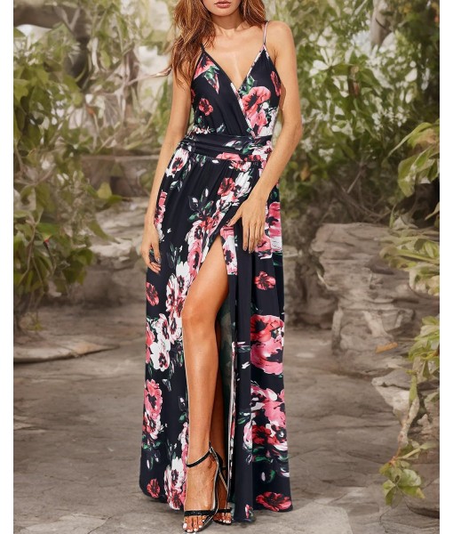 Newshows Women Summer 2025 Maxi Dress Vacation Floral Spaghetti Strap Spring Casual Boho Split Beach Long Flowy Sundress