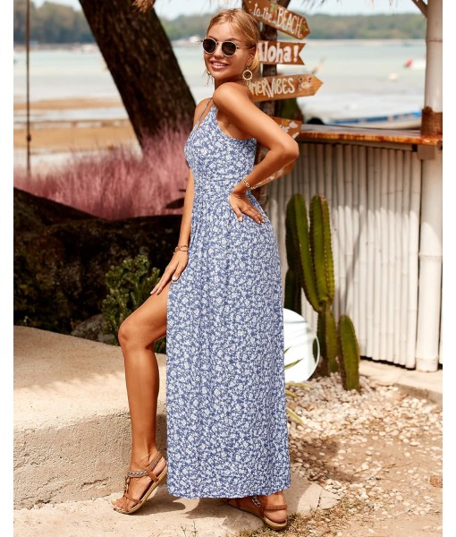 Newshows Women Summer 2025 Maxi Dress Vacation Floral Spaghetti Strap Spring Casual Boho Split Beach Long Flowy Sundress