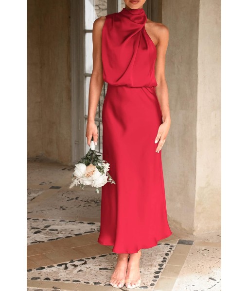 PRETTYGARDEN Women's 2025 Summer Satin Dress Elegant Sleeveless Mock Neck Cocktail Party Maxi Dresses