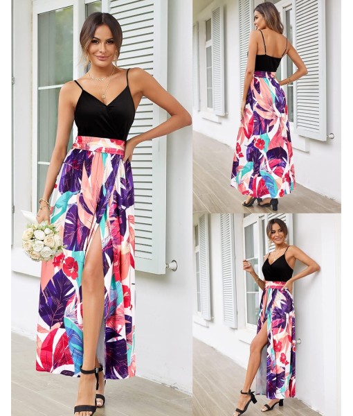 Newshows Women Summer 2025 Maxi Dress Vacation Floral Spaghetti Strap Spring Casual Boho Split Beach Long Flowy Sundress