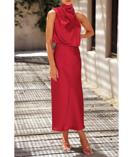 PRETTYGARDEN Women's 2025 Summer Satin Dress Elegant Sleeveless Mock Neck Cocktail Party Maxi Dresses