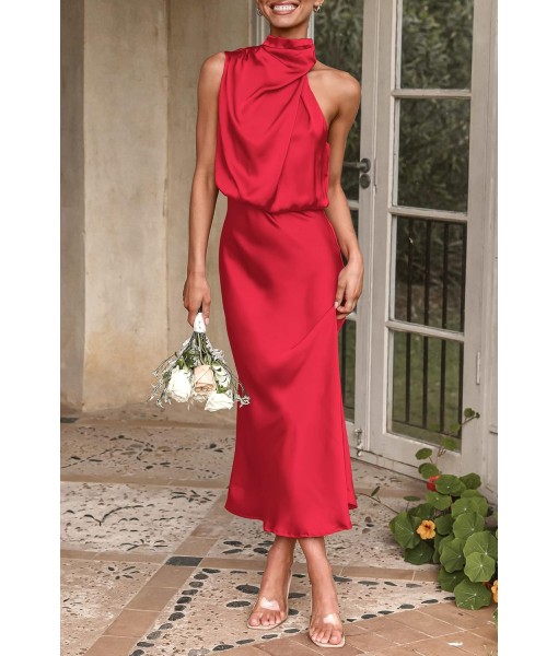 PRETTYGARDEN Women's 2025 Summer Satin Dress Elegant Sleeveless Mock Neck Cocktail Party Maxi Dresses