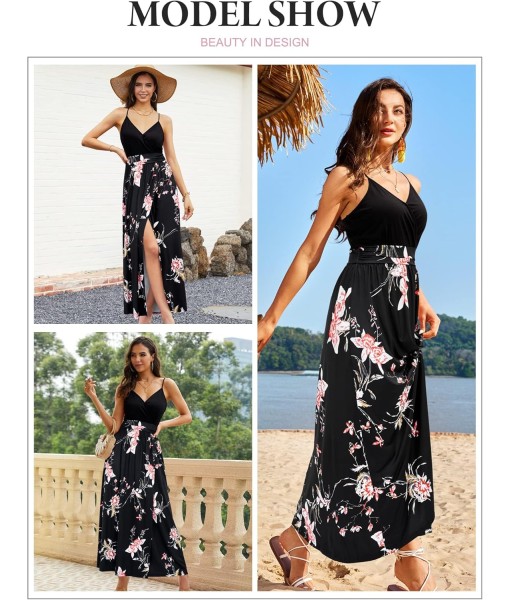 Newshows Women Summer 2025 Maxi Dress Vacation Floral Spaghetti Strap Spring Casual Boho Split Beach Long Flowy Sundress