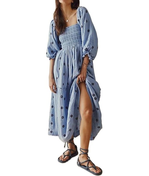 Women Floral Embroidered Maxi Dress Long Puff Sleeve Square Neck Bohemian Flowy Dress with Pockets Summer Fall