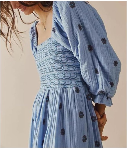 Women Floral Embroidered Maxi Dress Long Puff Sleeve Square Neck Bohemian Flowy Dress with Pockets Summer Fall