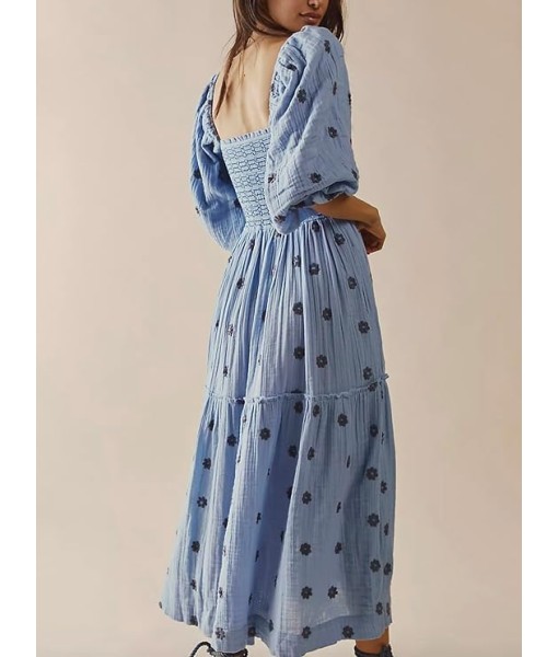 Women Floral Embroidered Maxi Dress Long Puff Sleeve Square Neck Bohemian Flowy Dress with Pockets Summer Fall
