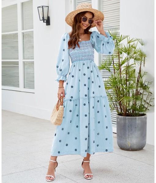 Women Floral Embroidered Maxi Dress Long Puff Sleeve Square Neck Bohemian Flowy Dress with Pockets Summer Fall