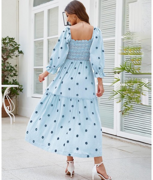 Women Floral Embroidered Maxi Dress Long Puff Sleeve Square Neck Bohemian Flowy Dress with Pockets Summer Fall