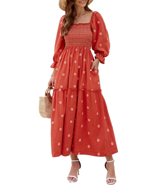 Women Floral Embroidered Maxi Dress Long Puff Sleeve Square Neck Bohemian Flowy Dress with Pockets Summer Fall