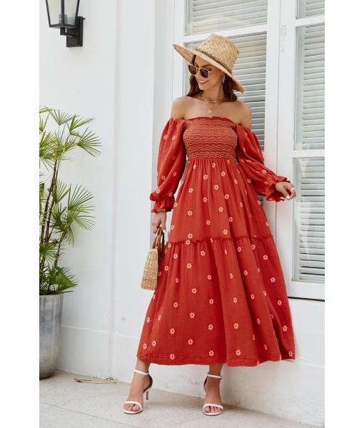 Women Floral Embroidered Maxi Dress Long Puff Sleeve Square Neck Bohemian Flowy Dress with Pockets Summer Fall