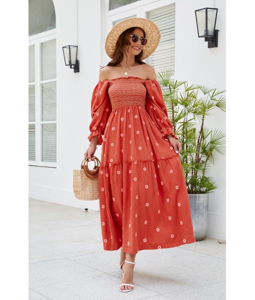 Women Floral Embroidered Maxi Dress Long Puff Sleeve Square Neck Bohemian Flowy Dress with Pockets Summer Fall