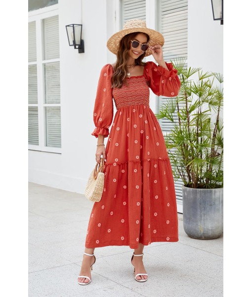 Women Floral Embroidered Maxi Dress Long Puff Sleeve Square Neck Bohemian Flowy Dress with Pockets Summer Fall