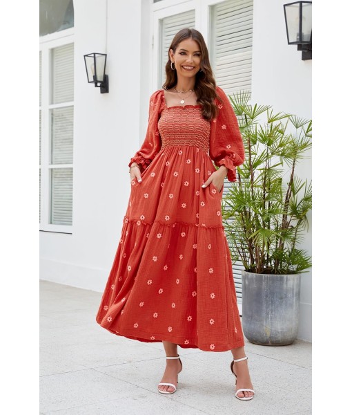 Women Floral Embroidered Maxi Dress Long Puff Sleeve Square Neck Bohemian Flowy Dress with Pockets Summer Fall
