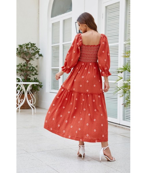 Women Floral Embroidered Maxi Dress Long Puff Sleeve Square Neck Bohemian Flowy Dress with Pockets Summer Fall