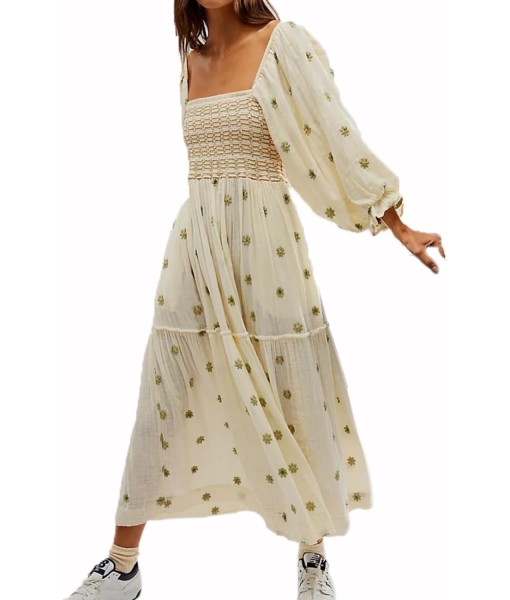 Women Floral Embroidered Maxi Dress Long Puff Sleeve Square Neck Bohemian Flowy Dress with Pockets Summer Fall