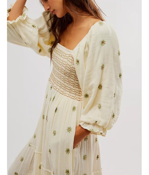 Women Floral Embroidered Maxi Dress Long Puff Sleeve Square Neck Bohemian Flowy Dress with Pockets Summer Fall