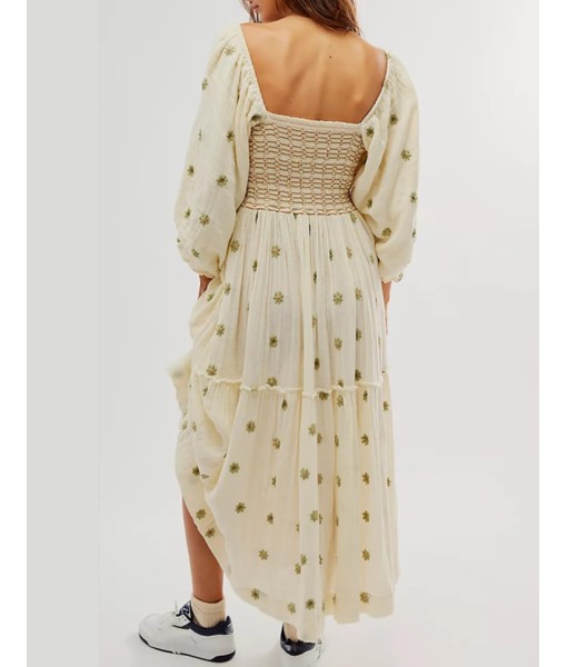 Women Floral Embroidered Maxi Dress Long Puff Sleeve Square Neck Bohemian Flowy Dress with Pockets Summer Fall