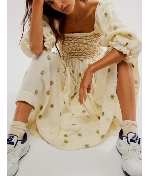 Women Floral Embroidered Maxi Dress Long Puff Sleeve Square Neck Bohemian Flowy Dress with Pockets Summer Fall