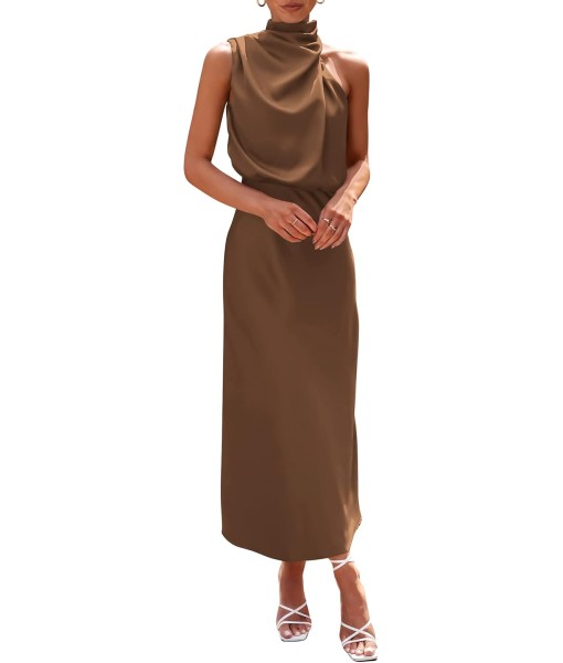 PRETTYGARDEN Women's 2025 Summer Satin Dress Elegant Sleeveless Mock Neck Cocktail Party Maxi Dresses