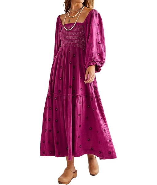 Women Floral Embroidered Maxi Dress Long Puff Sleeve Square Neck Bohemian Flowy Dress with Pockets Summer Fall