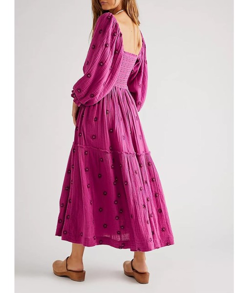 Women Floral Embroidered Maxi Dress Long Puff Sleeve Square Neck Bohemian Flowy Dress with Pockets Summer Fall