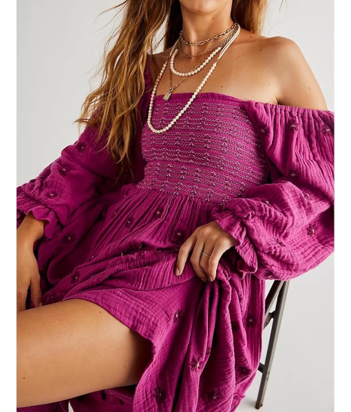 Women Floral Embroidered Maxi Dress Long Puff Sleeve Square Neck Bohemian Flowy Dress with Pockets Summer Fall