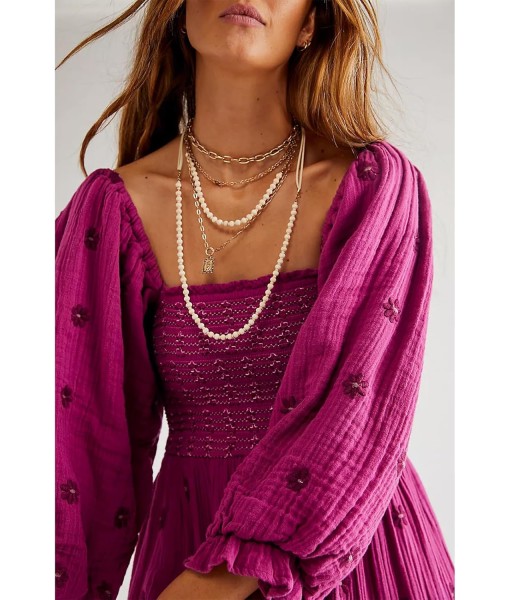 Women Floral Embroidered Maxi Dress Long Puff Sleeve Square Neck Bohemian Flowy Dress with Pockets Summer Fall