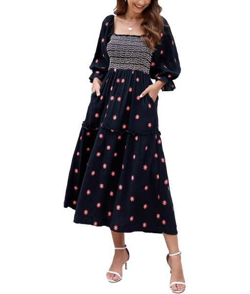 Women Floral Embroidered Maxi Dress Long Puff Sleeve Square Neck Bohemian Flowy Dress with Pockets Summer Fall