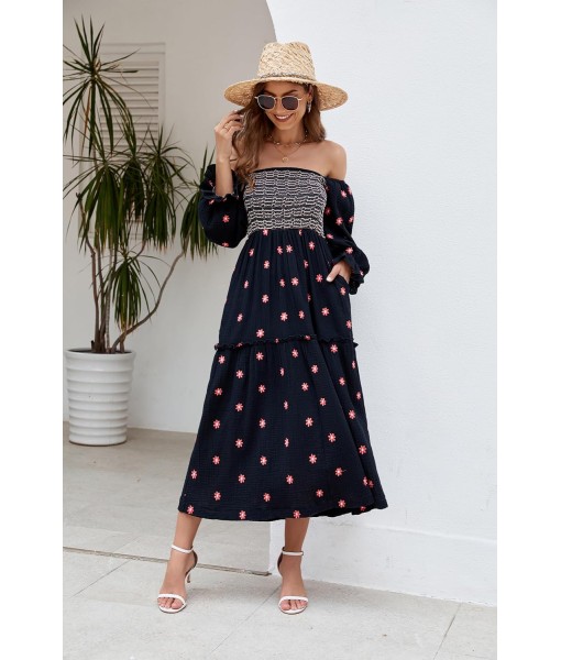 Women Floral Embroidered Maxi Dress Long Puff Sleeve Square Neck Bohemian Flowy Dress with Pockets Summer Fall