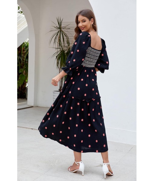 Women Floral Embroidered Maxi Dress Long Puff Sleeve Square Neck Bohemian Flowy Dress with Pockets Summer Fall
