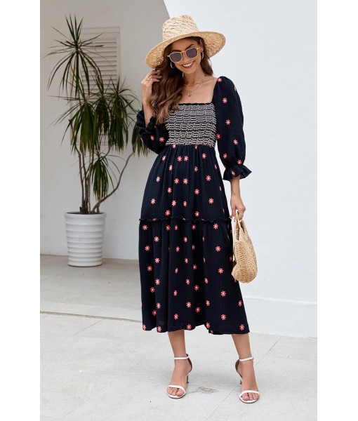 Women Floral Embroidered Maxi Dress Long Puff Sleeve Square Neck Bohemian Flowy Dress with Pockets Summer Fall