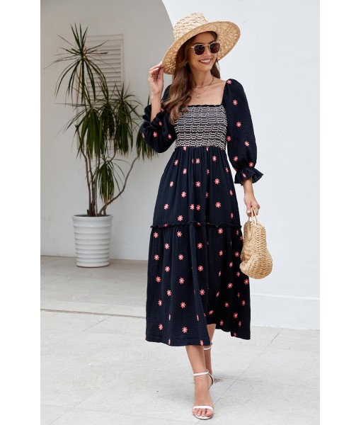 Women Floral Embroidered Maxi Dress Long Puff Sleeve Square Neck Bohemian Flowy Dress with Pockets Summer Fall
