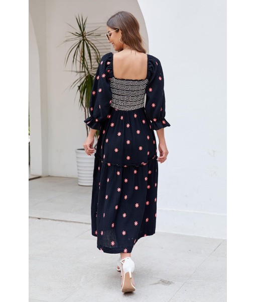 Women Floral Embroidered Maxi Dress Long Puff Sleeve Square Neck Bohemian Flowy Dress with Pockets Summer Fall