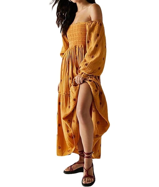 Women Floral Embroidered Maxi Dress Long Puff Sleeve Square Neck Bohemian Flowy Dress with Pockets Summer Fall